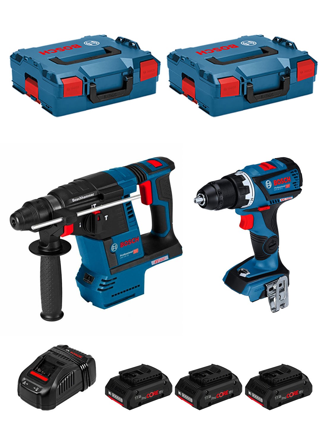 Pack 3 outils 18V (GSR110 + GBH26 + GWS10) + 2 batteries 5Ah + chargeur +  coffret L-BOXX - BOSCH