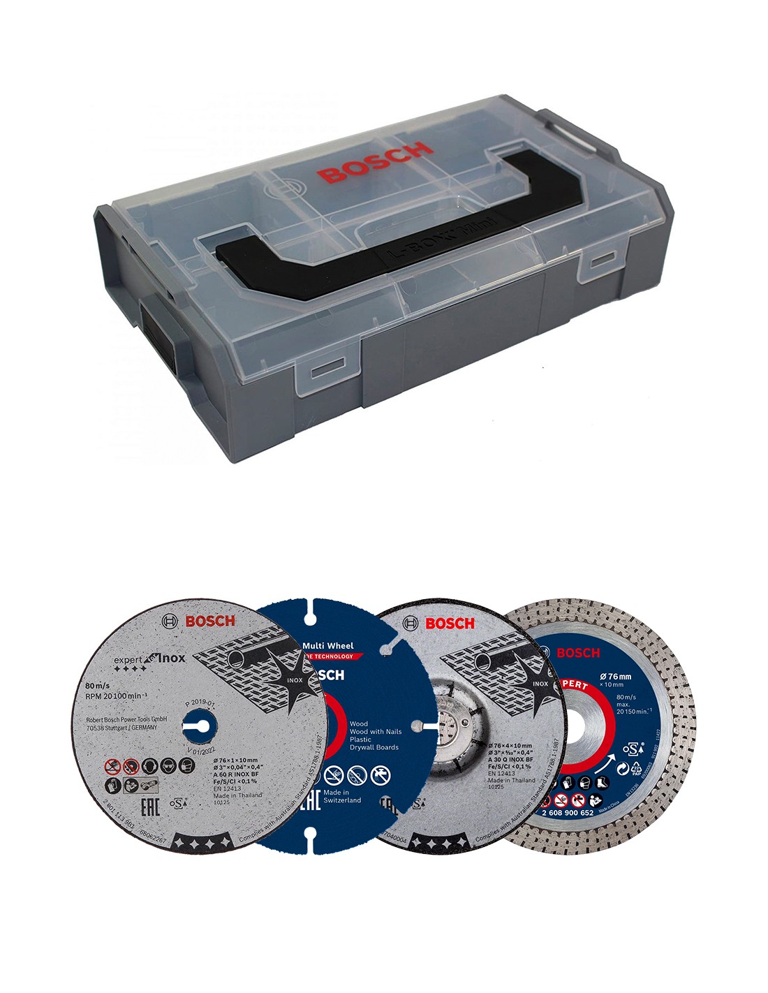 Coffret BOSCH Mini L-Boxx + disques pour meuleuse GWS 12V Ø 76 mm